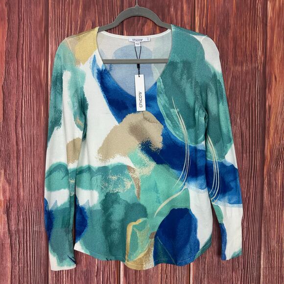 Chicos Pullover V-Neck Sweater Long Sleeve Blue Green Size 0 / US Small NWT - Picture 2 of 6